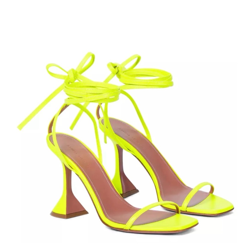 Amina Muaddi Vita Lace-Up Patent Leather Sandals Neon Yellow 37 7 $790 HTF